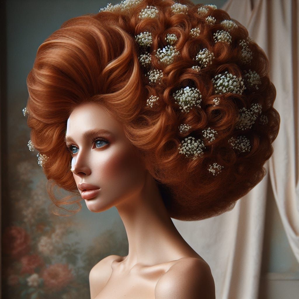 Elegant Woman with Auburn Hair and Floral Bouffant