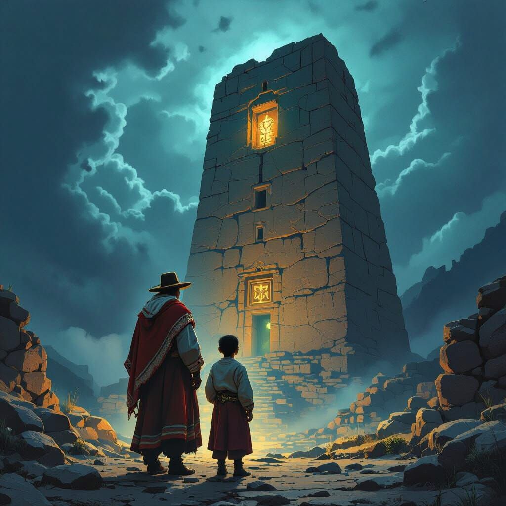 Andean Tower Scene with Father and Son, in Surrealist Style