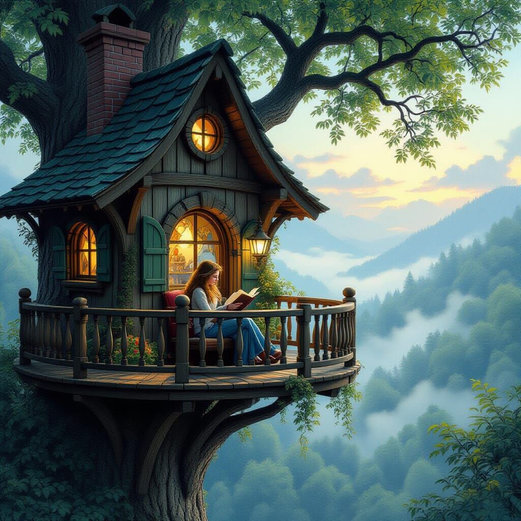 Ethereal Reading Place in Treehouse, Kinkade Style