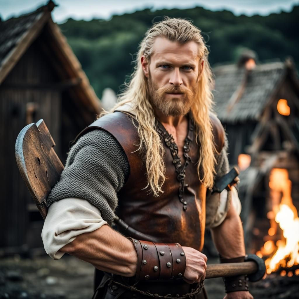 Viking Warrior with Axe in Village at Night