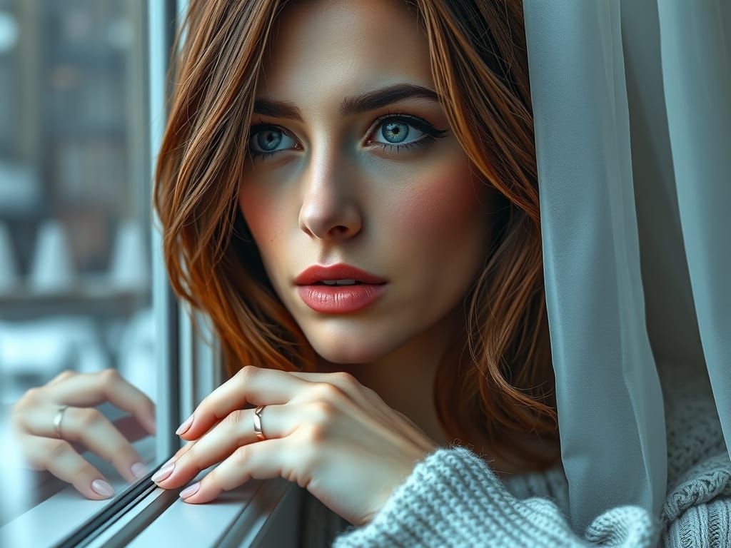 Elegant Woman Contemplates Spring Day in Hyper-Realistic Det...