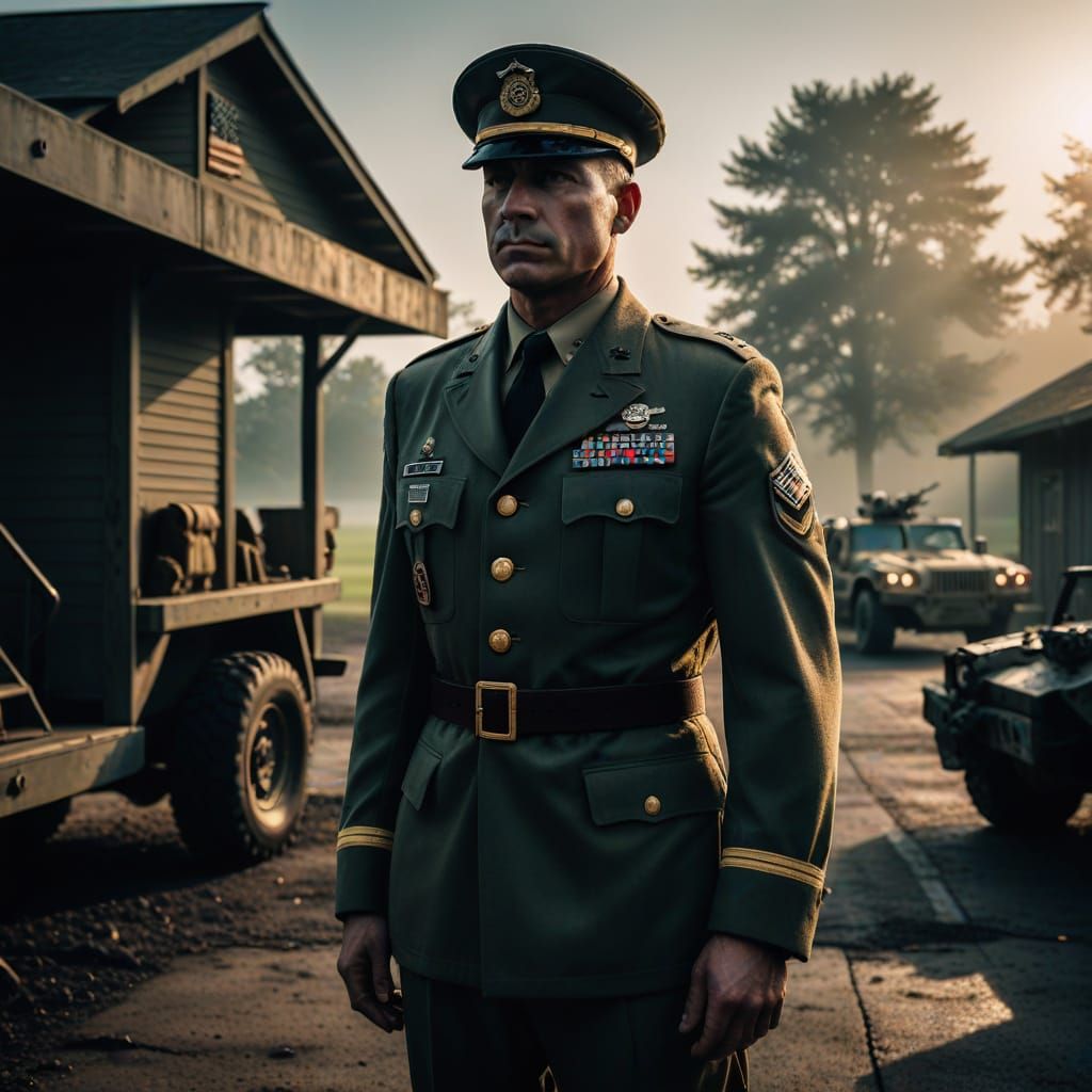 Realistic Army Captain in Uniform on Military Base