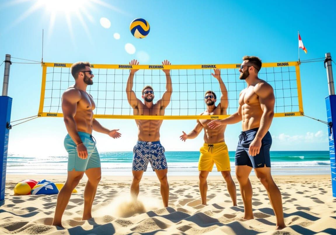 Muscular Friends Play Beach Volleyball on Sunny Beach