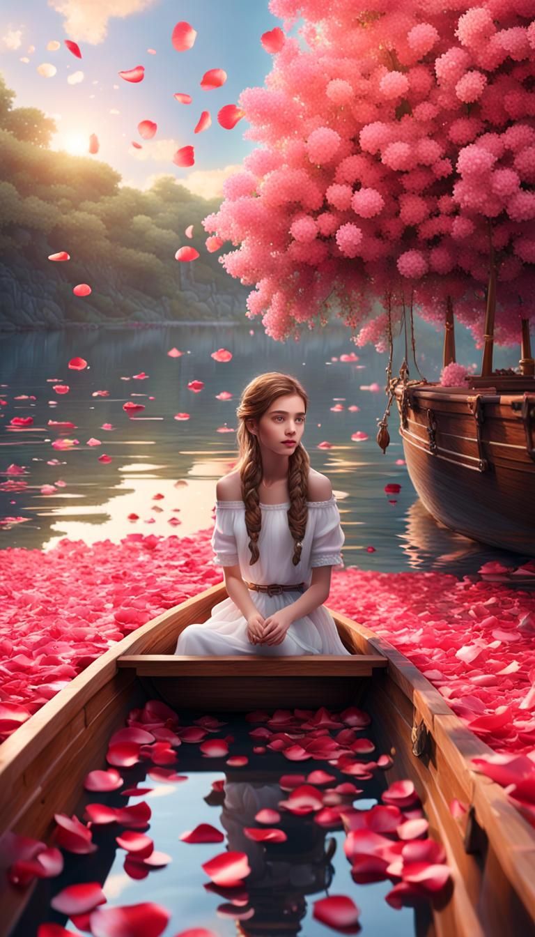 Charming Girl in Wooden Boat with Rose Petals