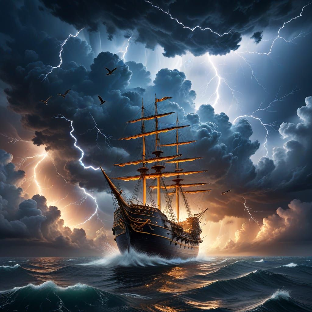 Ship Sails Sky Amidst Thunder and Birds