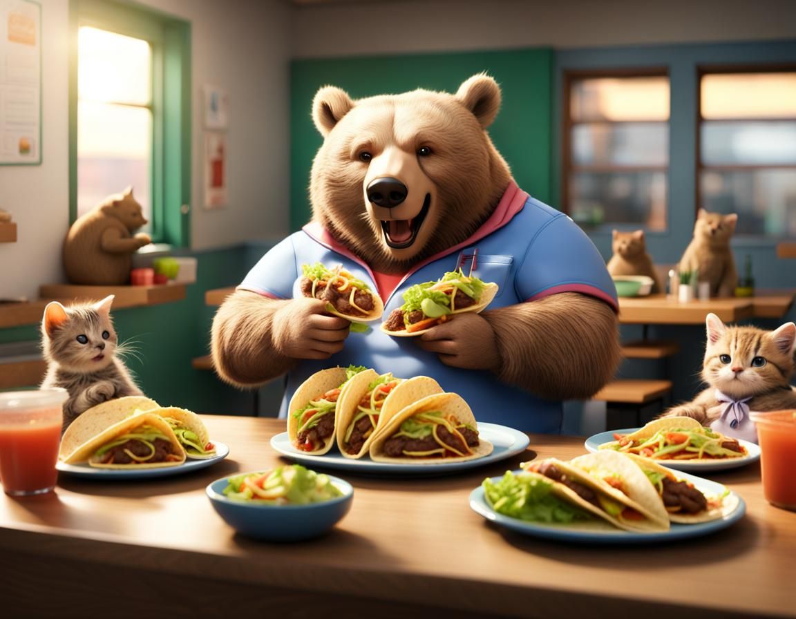 Happy Bear Eating Tacos with Kittens in Cafeteria