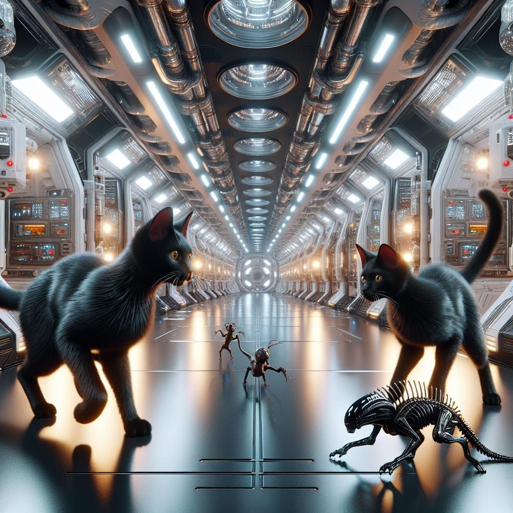 Felines Pursue Alien in Advanced Space Outpost