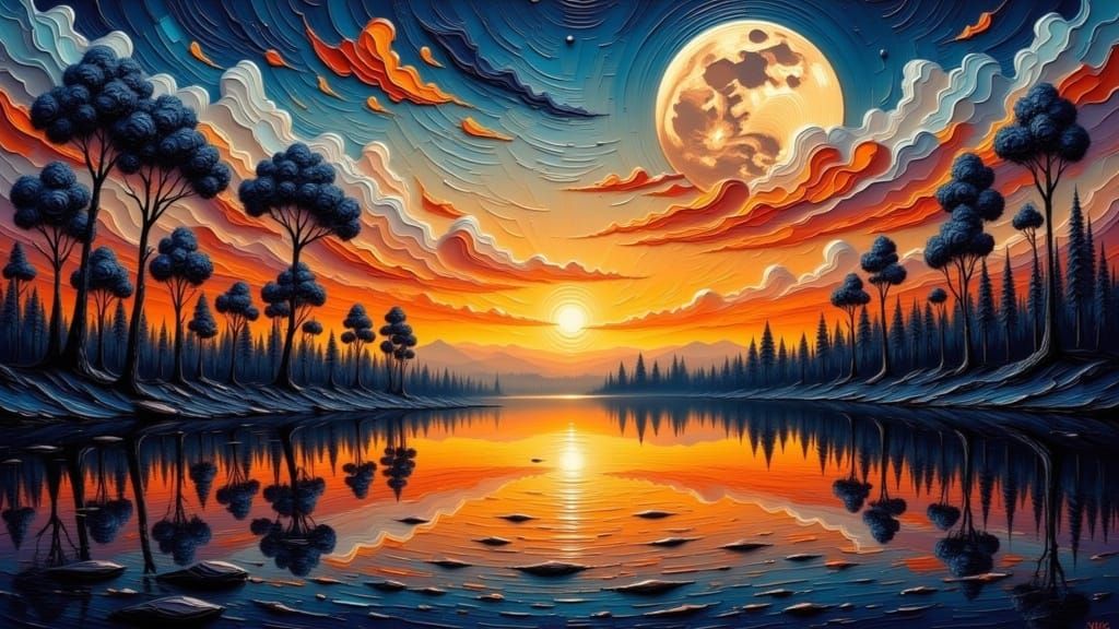 Surreal Art Deco Impasto Twilight Lakeside Scene