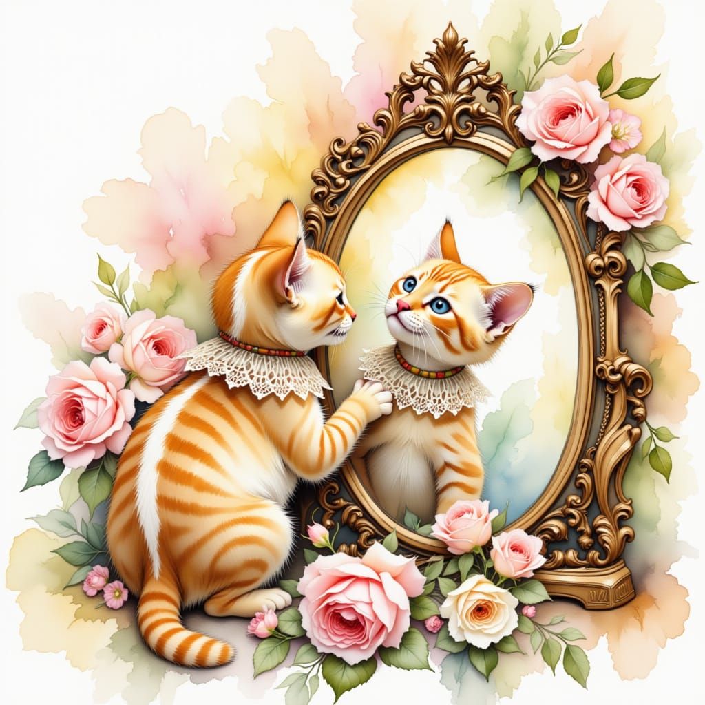 Fierce Kitten Gazing in Mirror, Watercolor Impasto Style