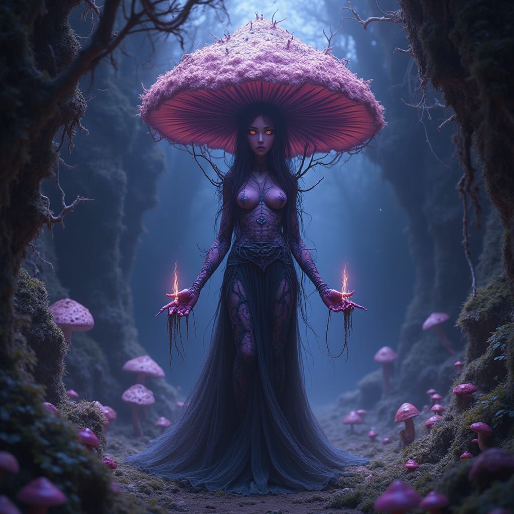 Eldritch Mushroom Sorceress in a Fungal Cathedral