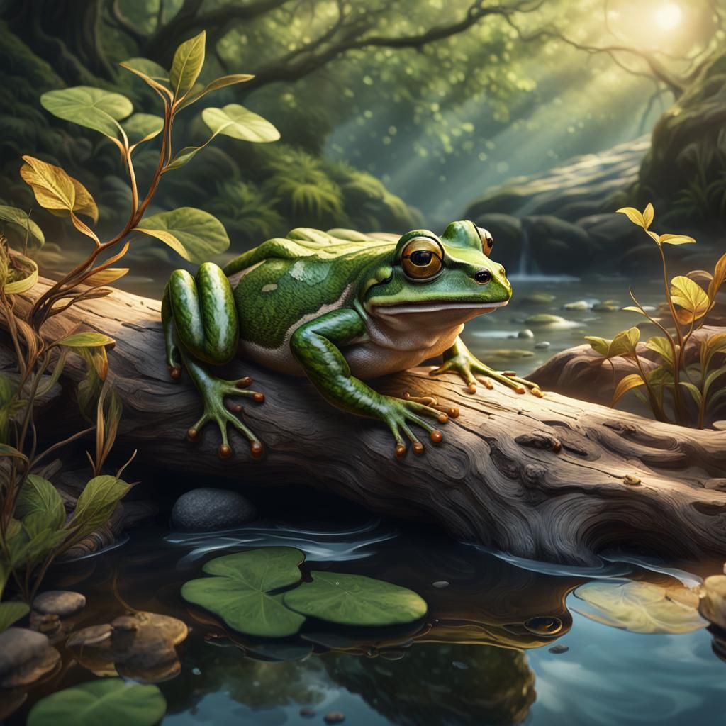 Frog on Driftwood Branch in Stream: Fantasy Art