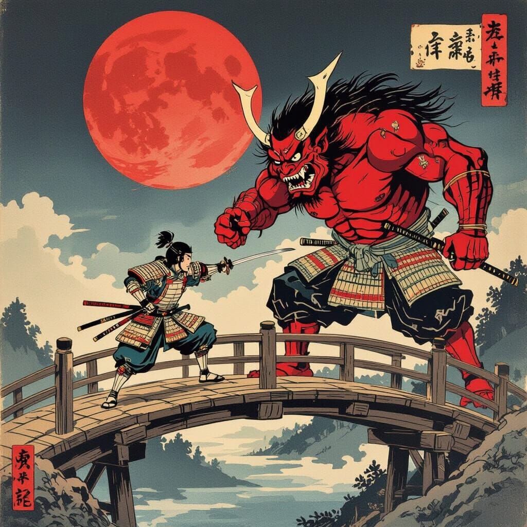 Samurai Fights Oni Demon Under Blood Moon Ukiyo-e Style