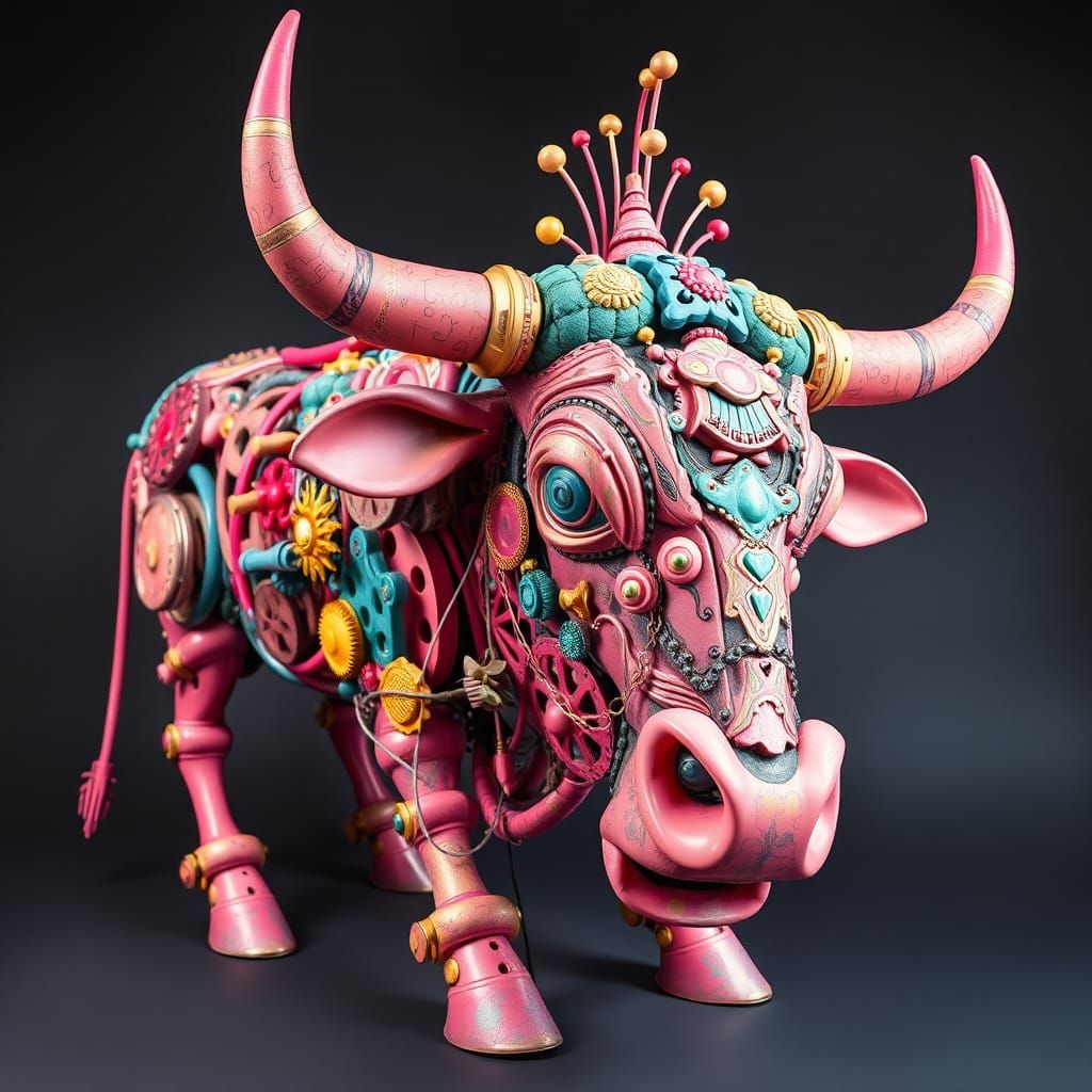Surreal Bull Sculpture from Recycled Parts in Dadaist Style