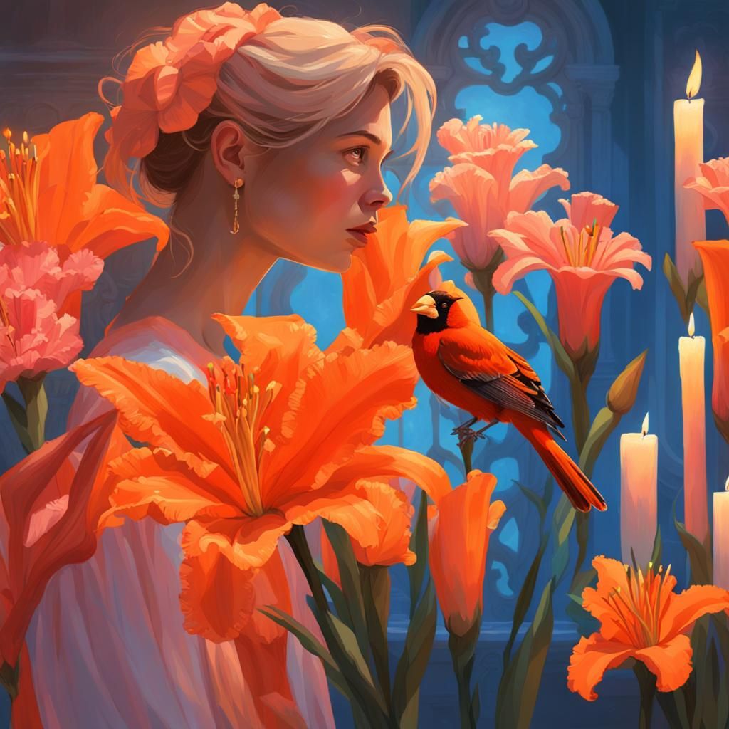 Woman in Orange Dress with Flowers, Art Nouveau Style