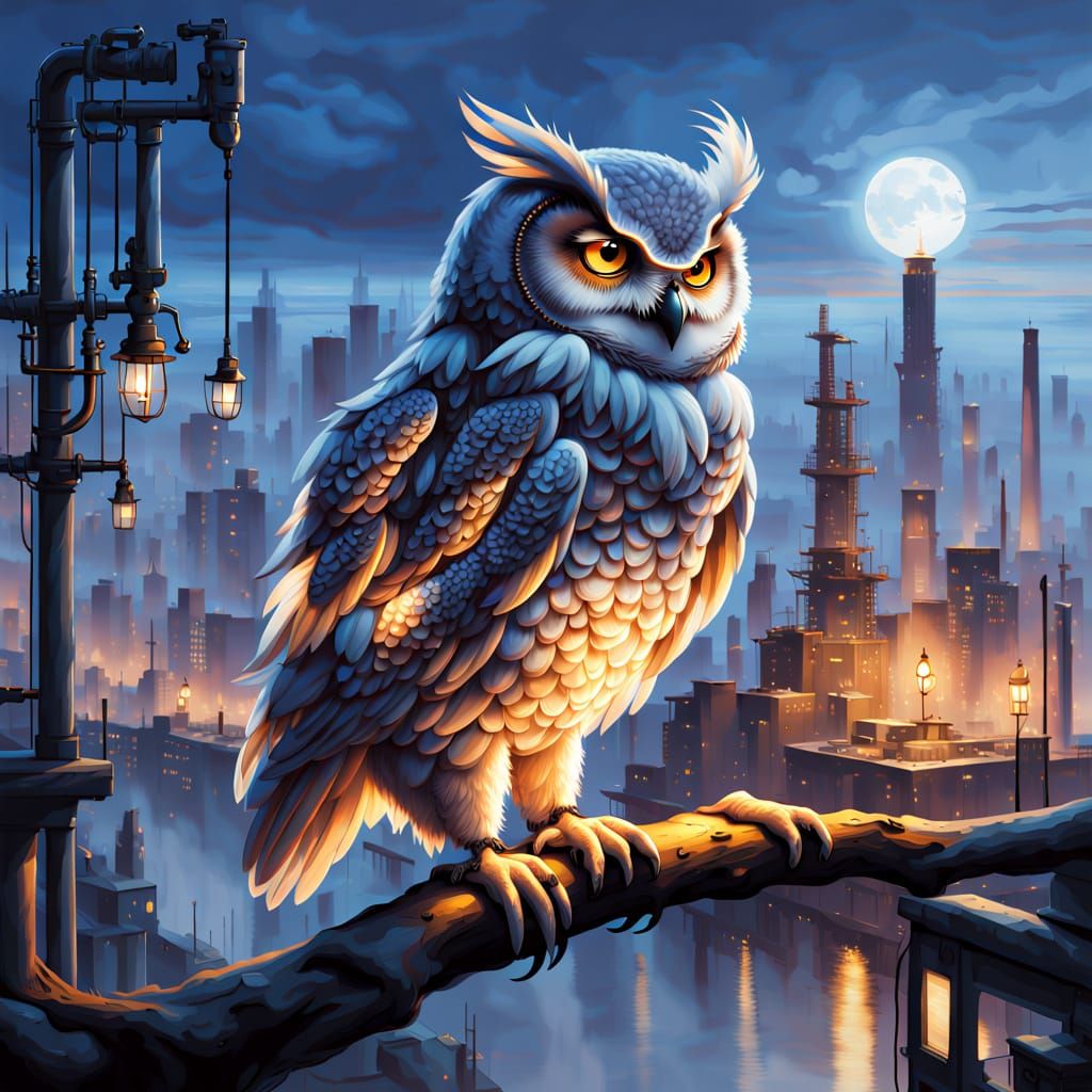 Wise Owl Overlooks Misty Industrial Cityscape at Dusk
