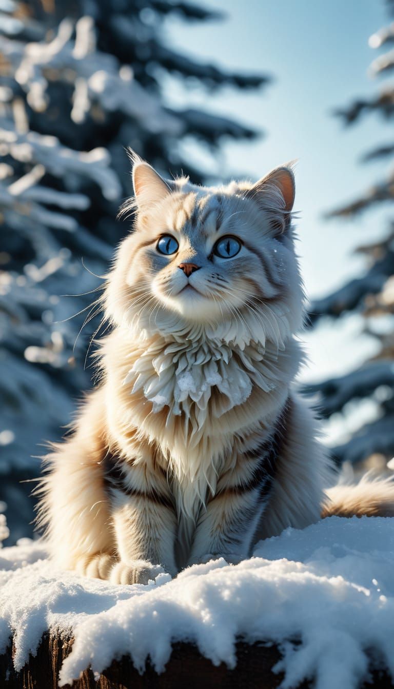 Cute Cat in Whimsical Winter Wonderland Scene