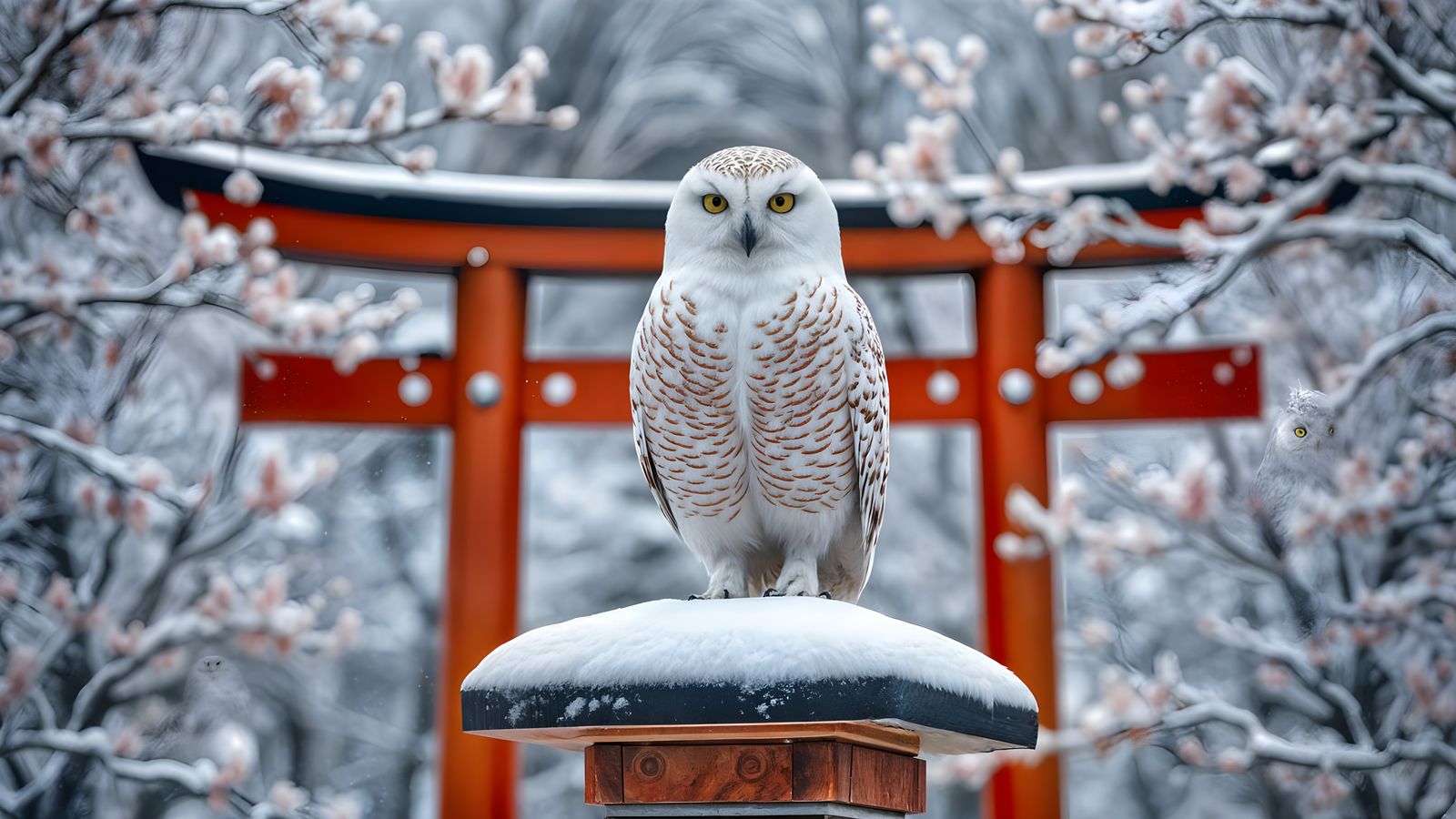 Majestic Snowy Owl on Torii Gate in Winter