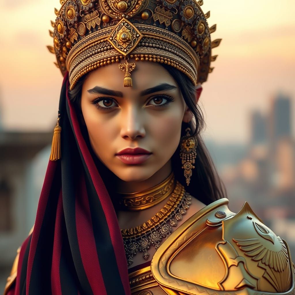 Regal Young Woman in Ornate Headdress and Armor