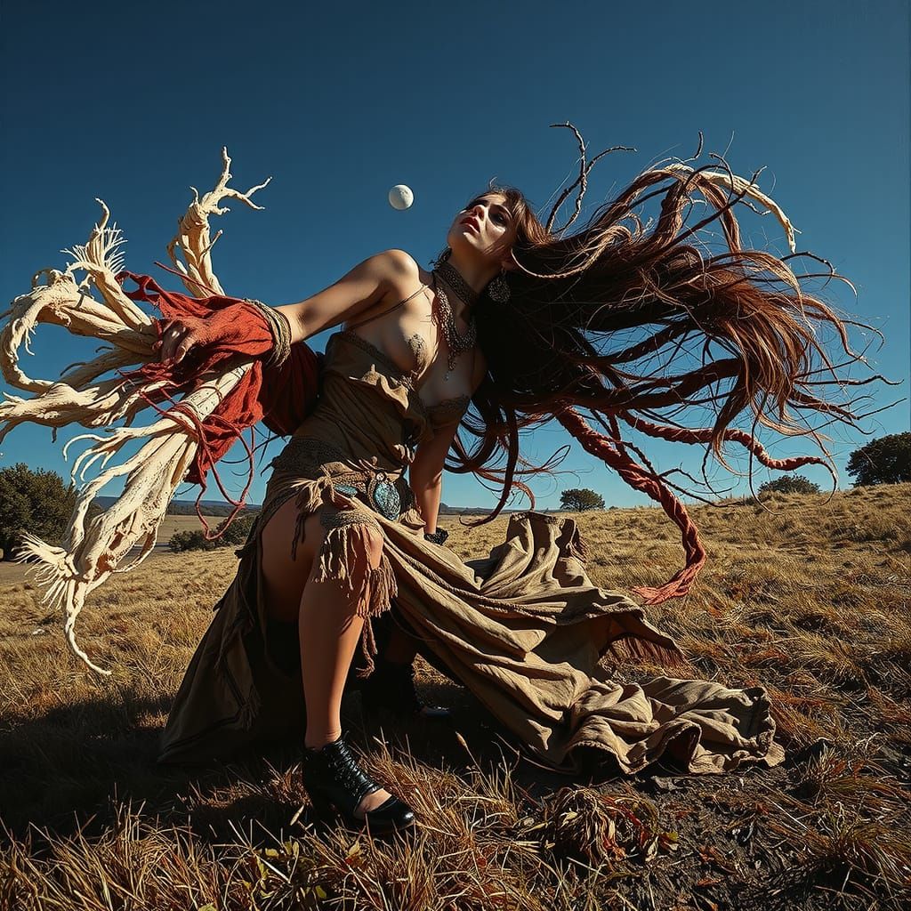 Glamorous Woman on Windswept Moor at Twilight, Expressive Oi...