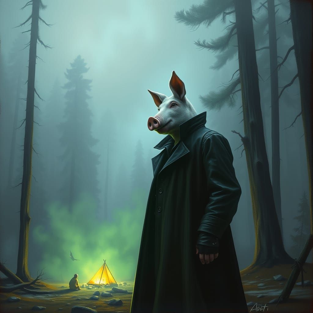 Eerie Pig-Man in Misty Forest, Oil Painting