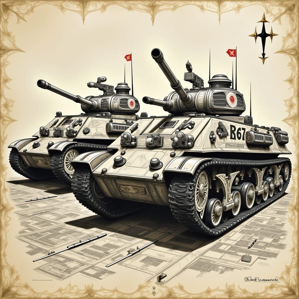 Vintage Military Tanks in Detailed Traditional Drawing