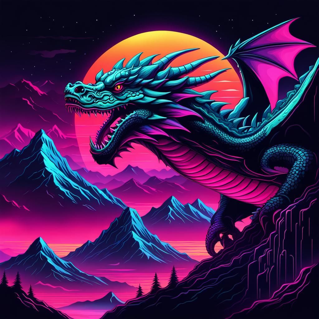 Synthwave Dragon Flight Over Mountains