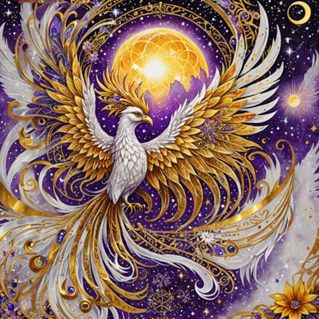 Holographic Phoenix with Moon and Flower of Life