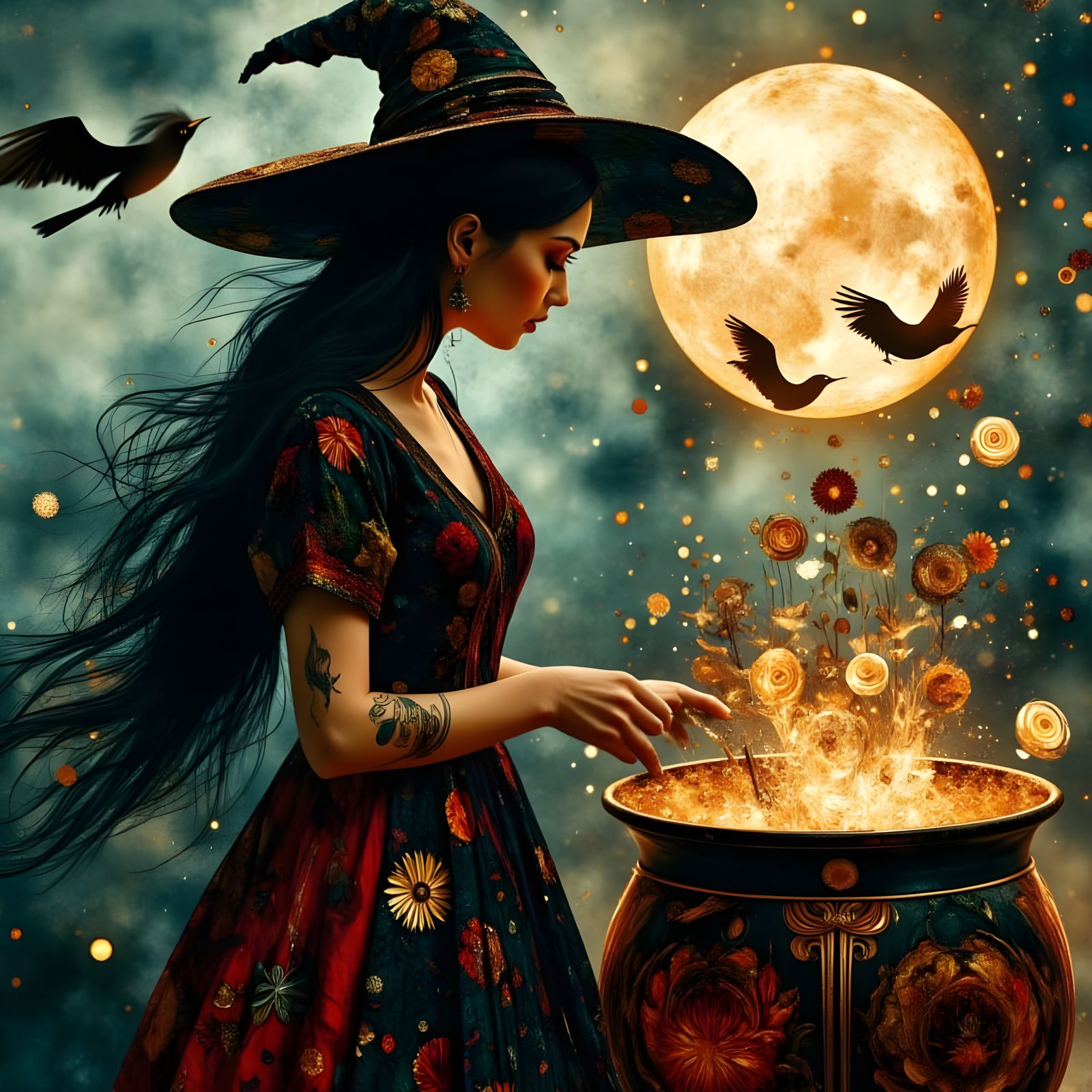 Mystical Witch Stirring Cauldron Under Glowing Moon