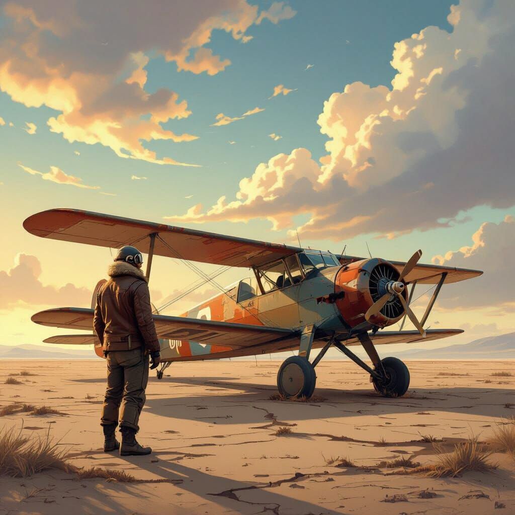 Vintage Biplane on Dried Seabed, Ghibli-Inspired Digital Art