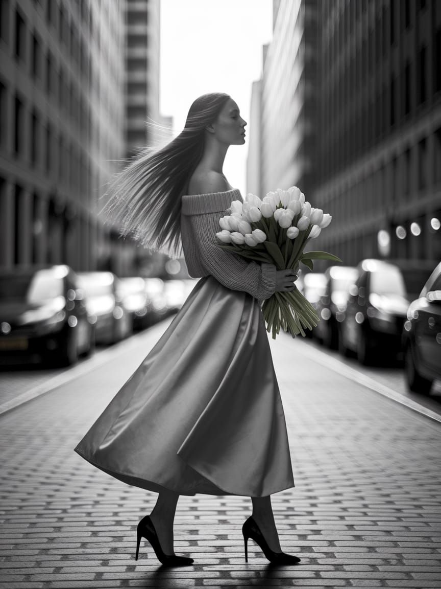 Elegant Woman Stands on Cobblestone Street in Chic, Artistic...