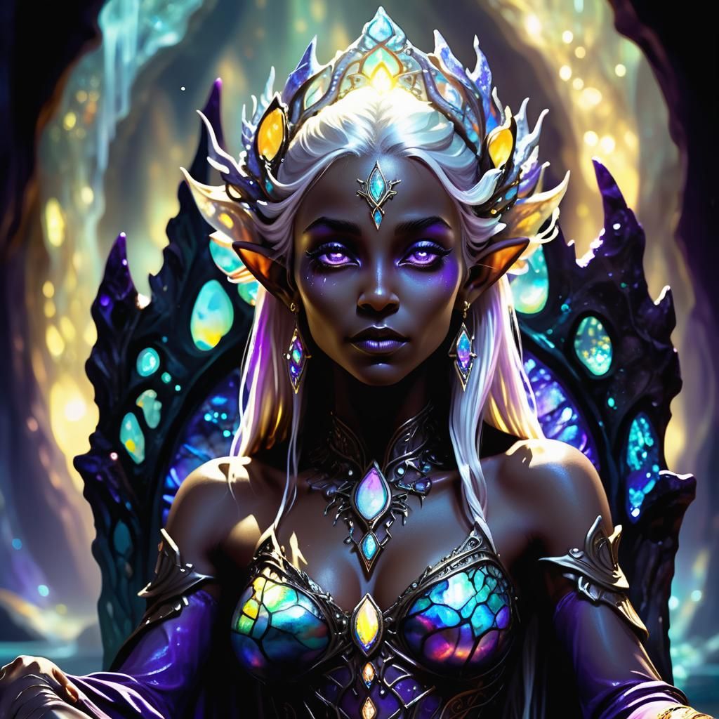 Drow Elven Princess on Opal Throne, Dark Fantasy Art