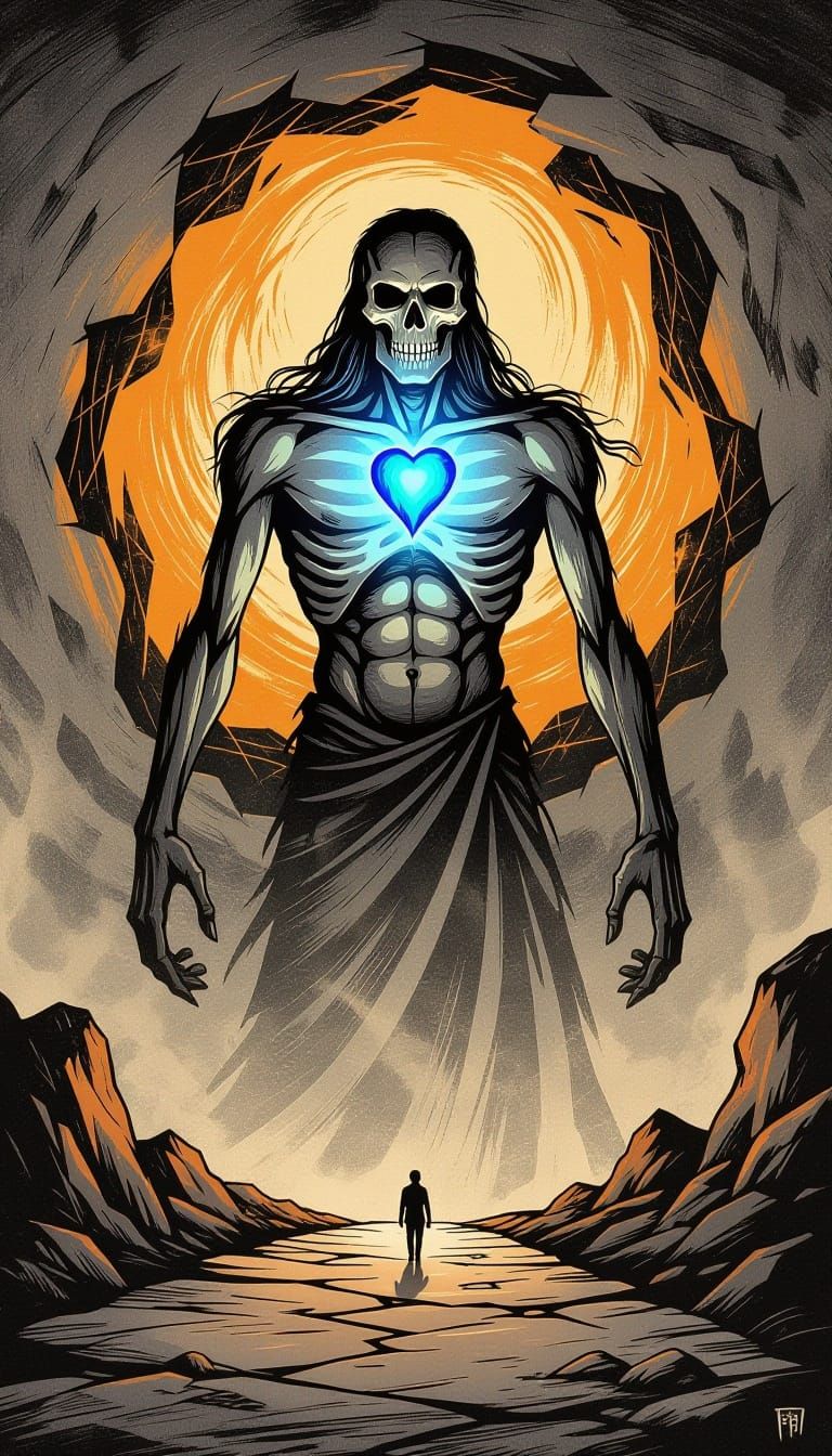 Skeletal Deity with Blue Heart in Apocalyptic Void