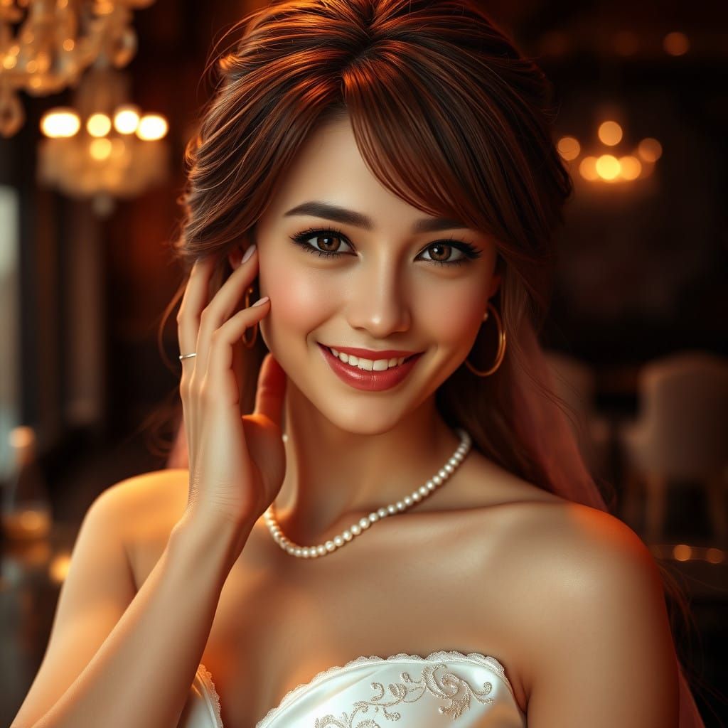 Elegant Young Bride in Ivory Satin Gown with Pearl Necklace