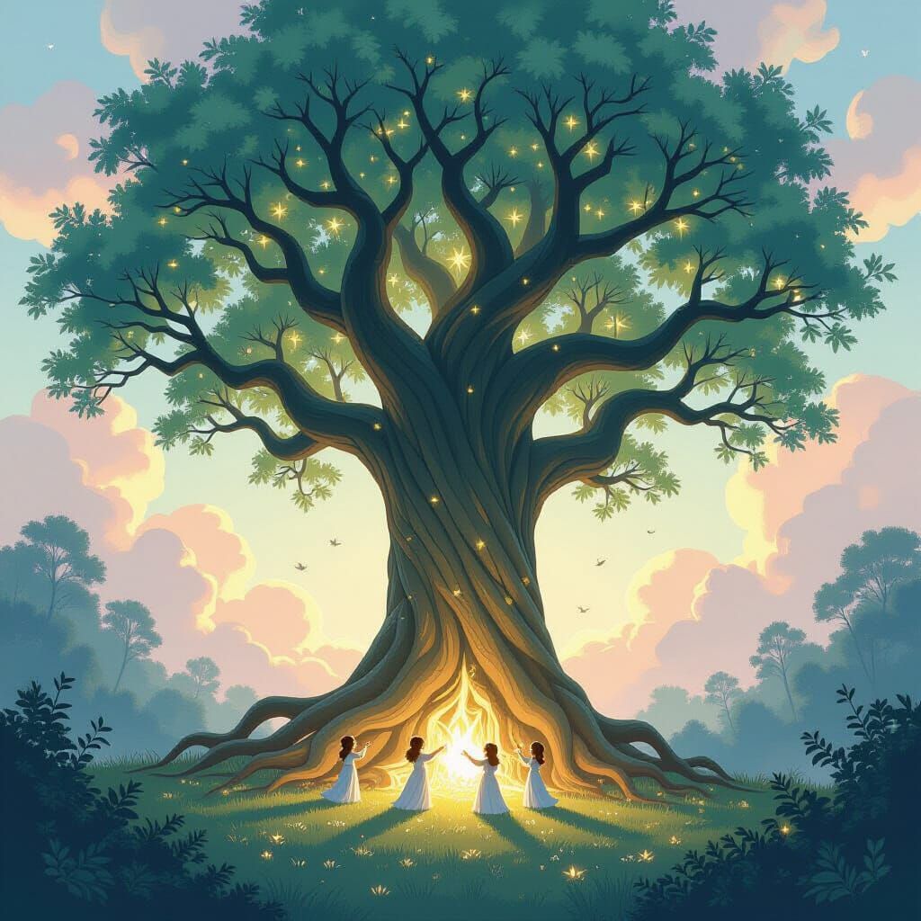Ancient Tree with Glowing Roots in Pastel Sky