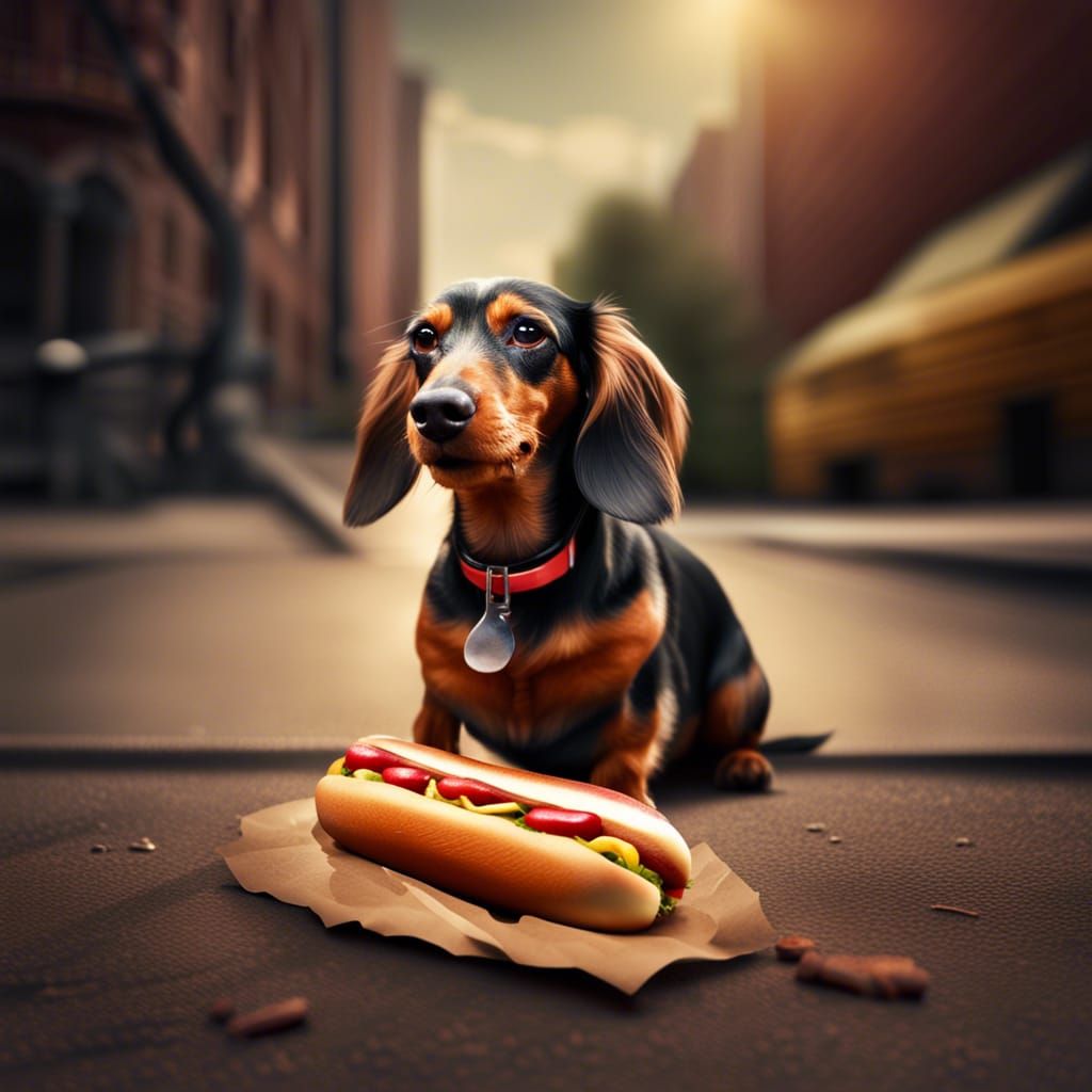 Dachshund Enjoying a Hot Dog: Hyperrealistic Image