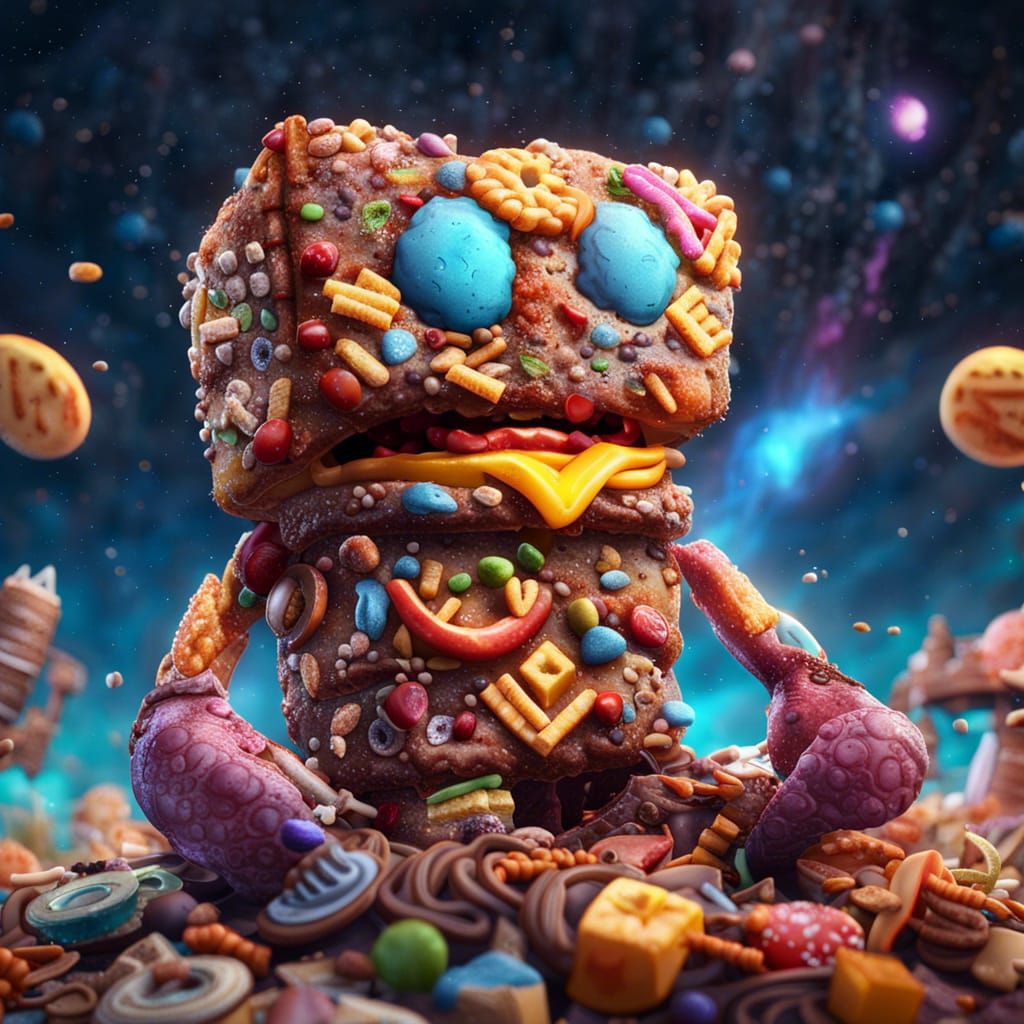 Junk Food Cartoon Character with Galaxy, Detailed Art