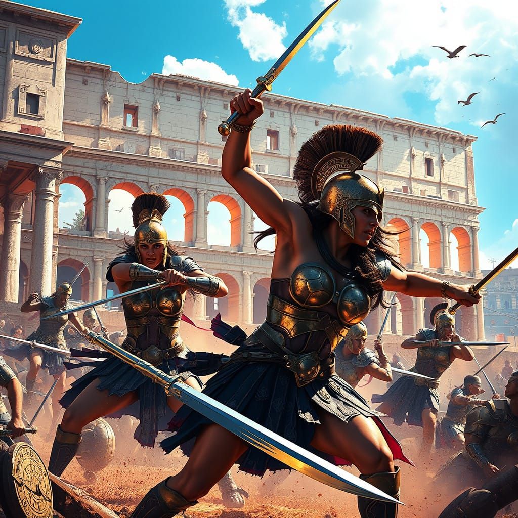 Glamorous Gladiator Women Clad in Armor, Battling in Ancient...