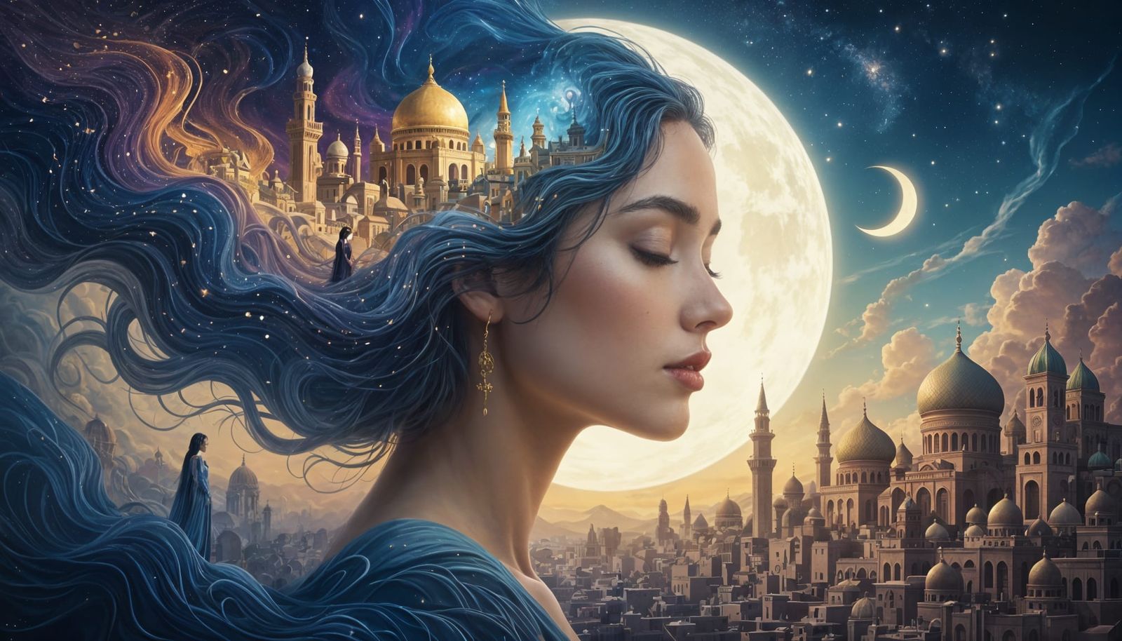 Surreal Woman's Profile Merges With Dreamlike Cityscape