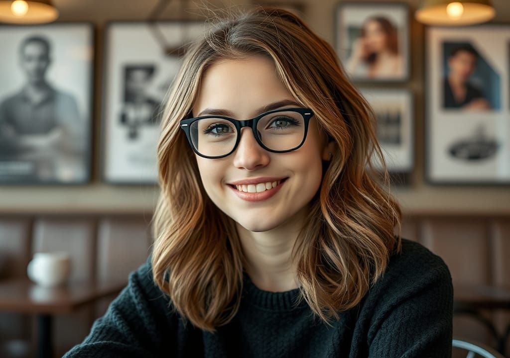 Smiling Woman in Cafe with Artistic Decor