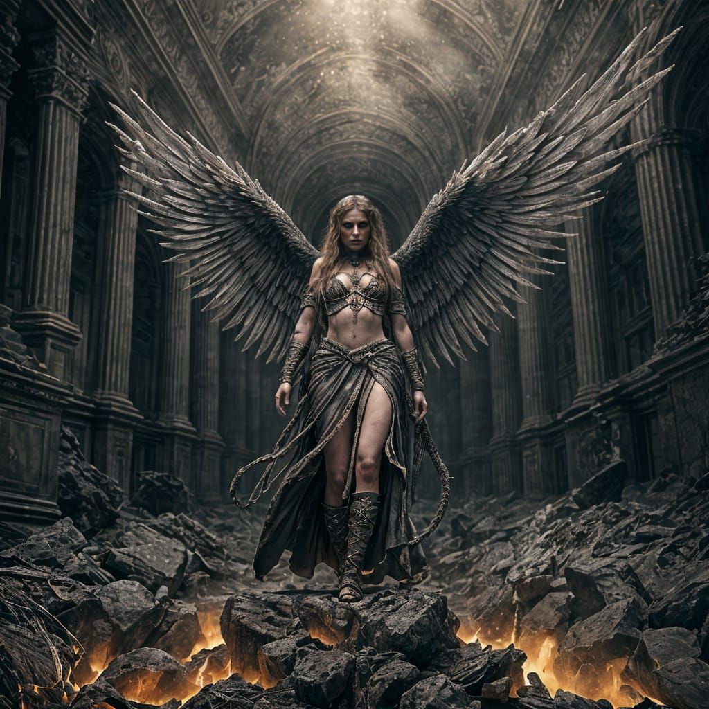 Fallen Female Angel in Hellish Abyss