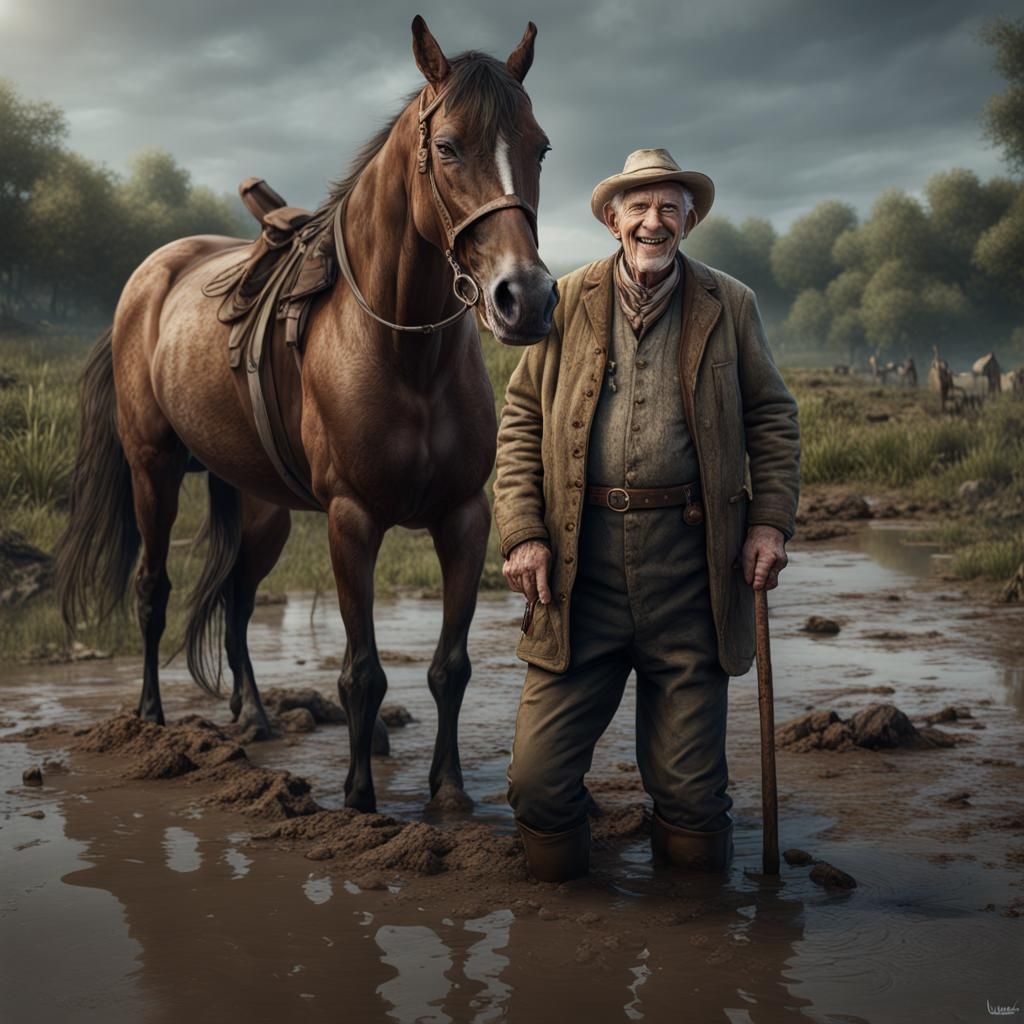 Farmer Falls in Mud, Horse Laughs: Detailed Matte Painting
