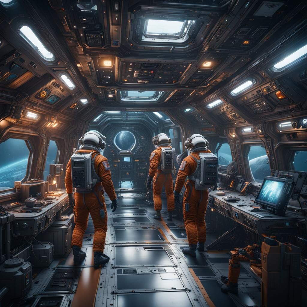Astronauts in Spaceship Habitat: Detailed Matte Painting
