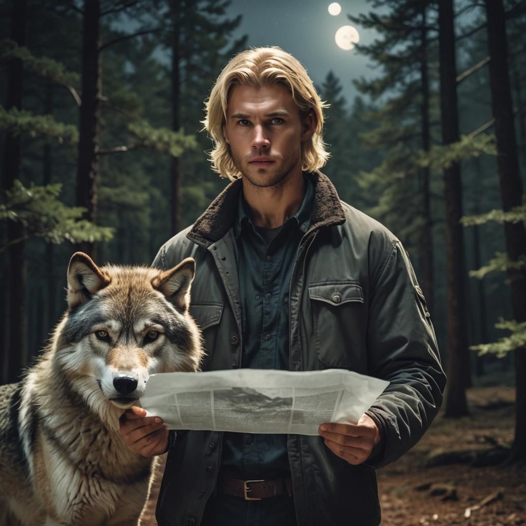 Man and Wolf in Forest: Photorealistic Cinematic Scene