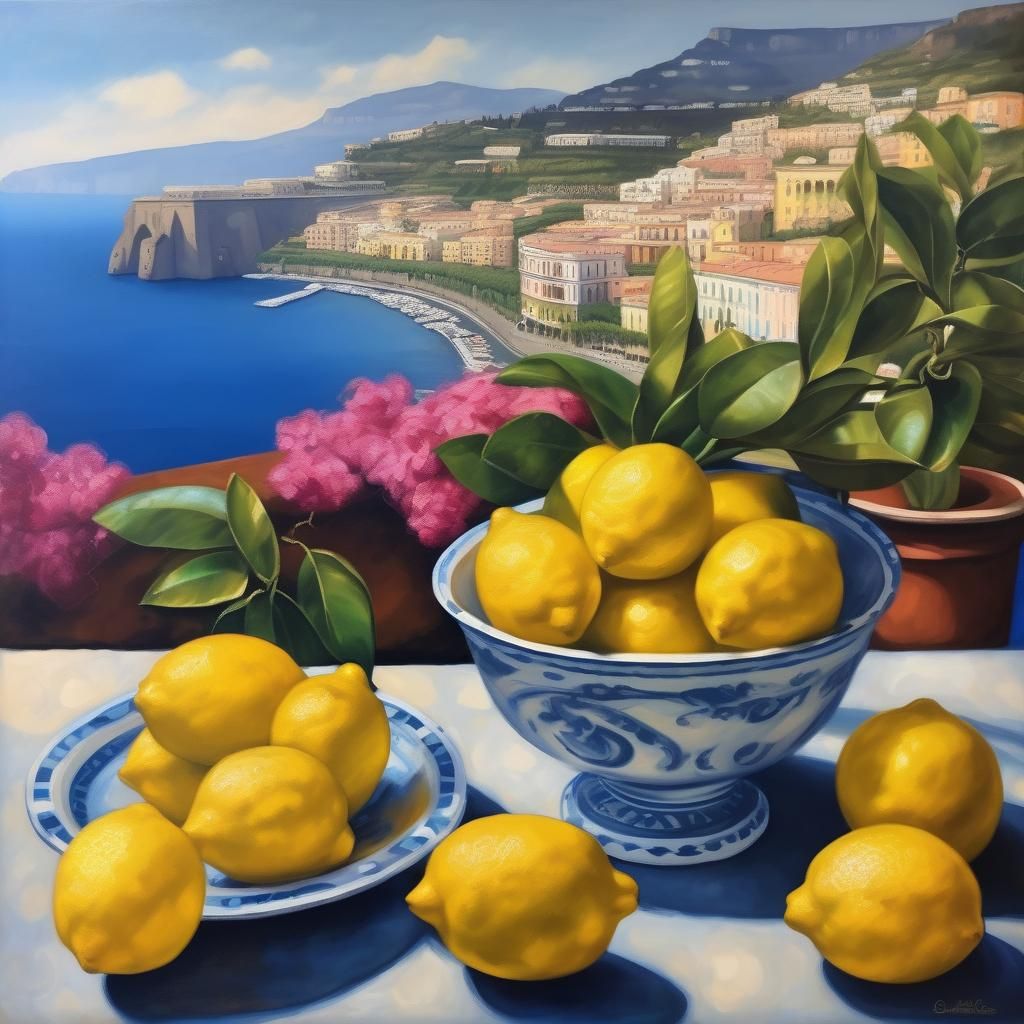 Sorrento View with Lemons: Oil Painting on Canvas