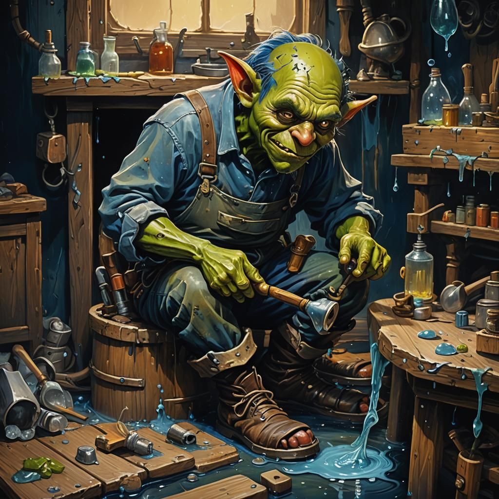 Goblin Plumber in Ooze: Fantasy Art Nouveau