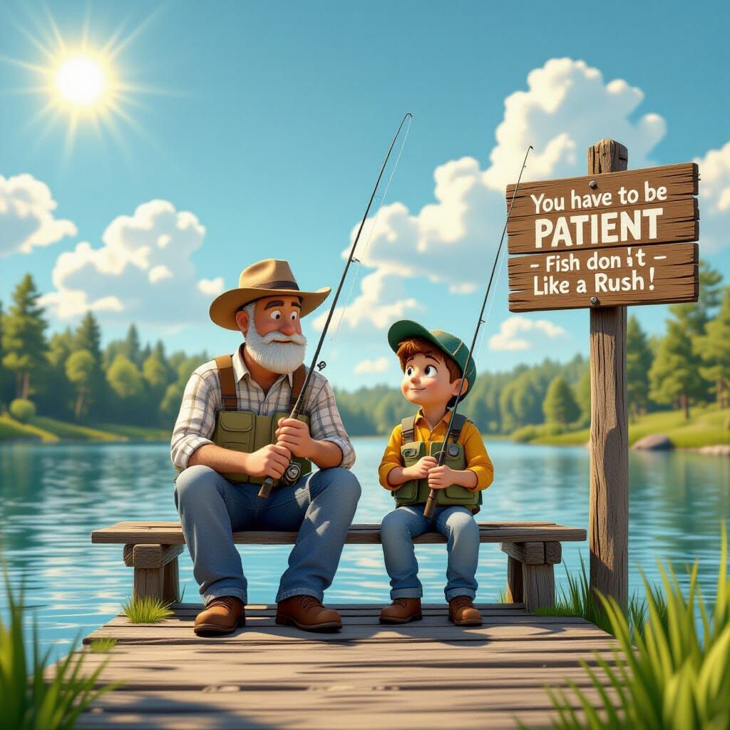 Father and Son Fishing on Sunny Lake, in 3D Style