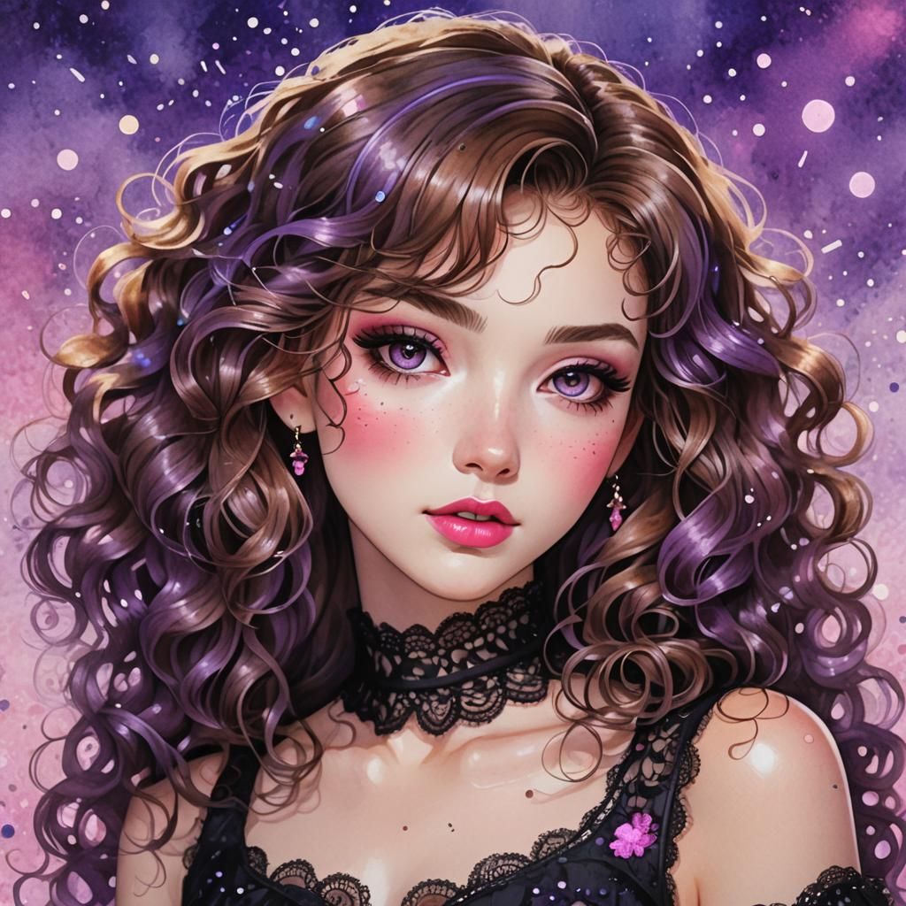 Anime Style Portrait of Woman with Curly Hair