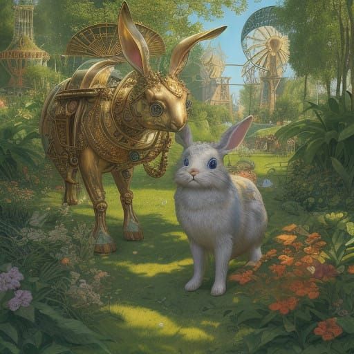 Surreal Solarpunk Village Comes Alive with Whimsical Rabbit