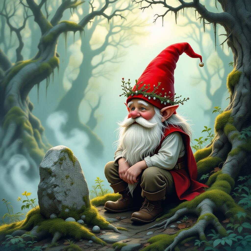 Wise Gnome in Twilight Forest with Twig Crown