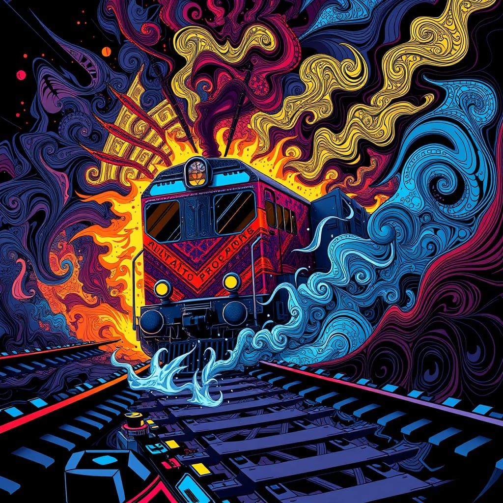 Distorted Reality Train Crash in Abstract Vector Fractal Sty...